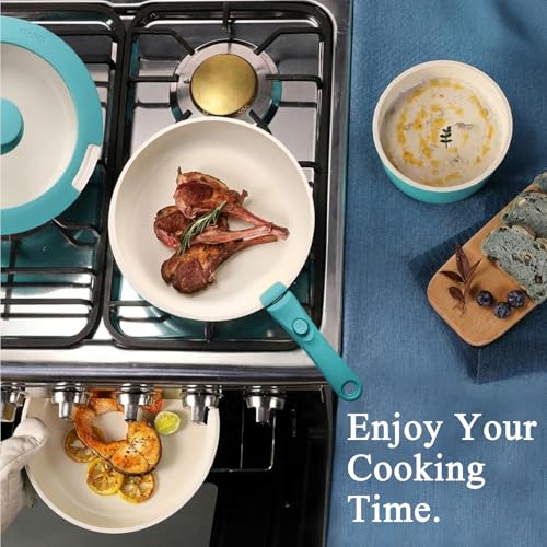 Image of GIPP 5pcs Pots and Pans Set Non Stick, Nonstick Cookware Set Detachable Handle, Ceramic Pots for Cooking Non Stick with Removable Handle, RV Cookware Set for All Stoves, Light Blue Gradient