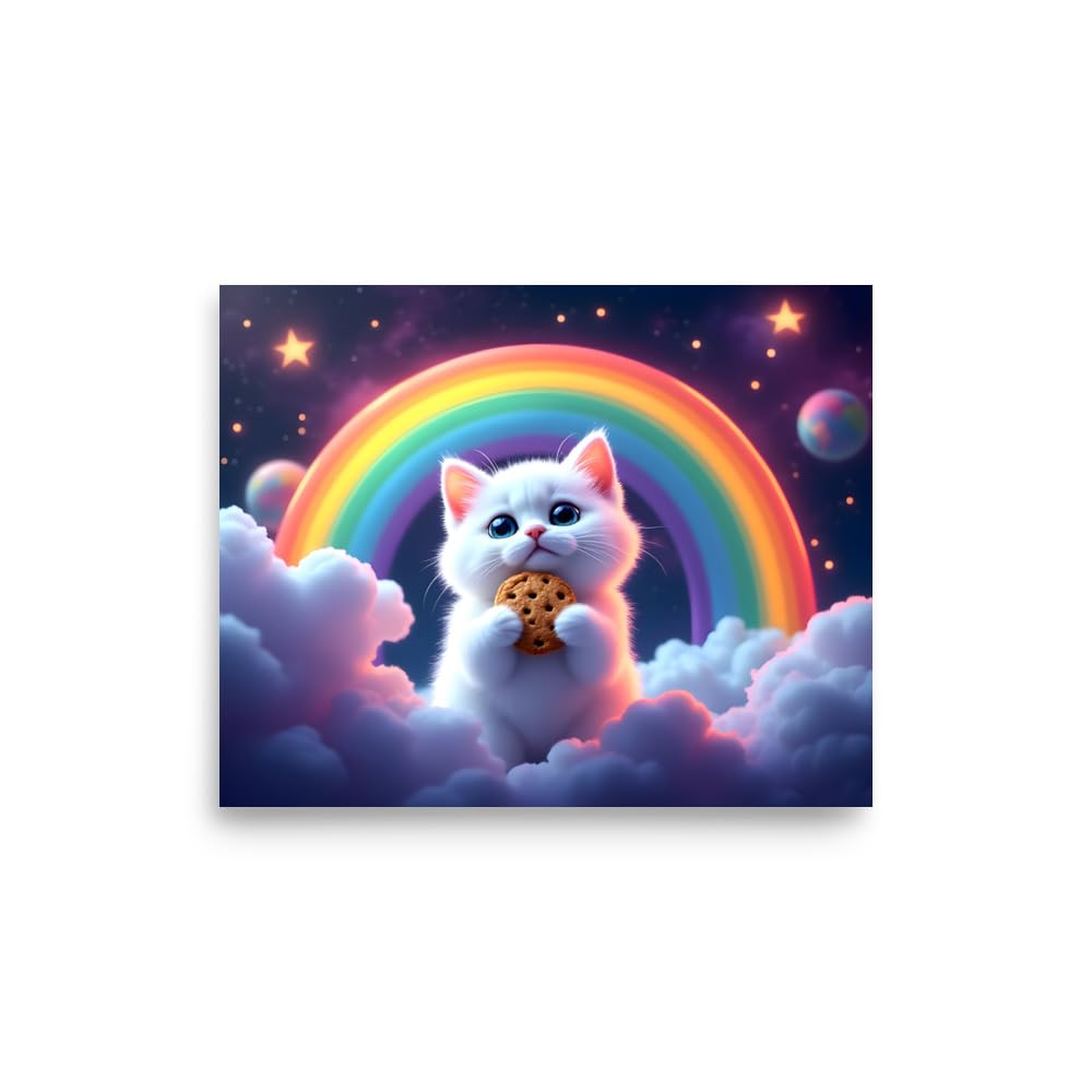 Cute Cat Poster- Adorable White Kitten with Cookie Wall Art Print for Kids Room, Fun Playful Baby Animal Theme Posters, Colorful Rainbow Kitty