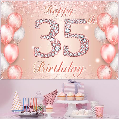 Image of Happy 35th Birthday Rose Gold Banner Cheers to 35 Years Old Backdrop Confetti Balloons Theme Decor for Women 35 Years Old Pink Birthday Party Decorations Bday Supplies Background Favors Gift Glitter