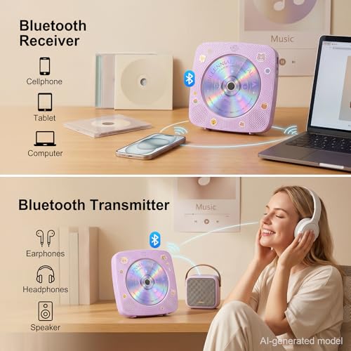 Image of Gueray Portable CD Player Bluetooth: CD Players for Home Rechargeable Desktop Wall Portable CD Player with Bluetooth & Dual Speakers 1800mAh Boombox FM Radio MP3 Music Player (Purple)