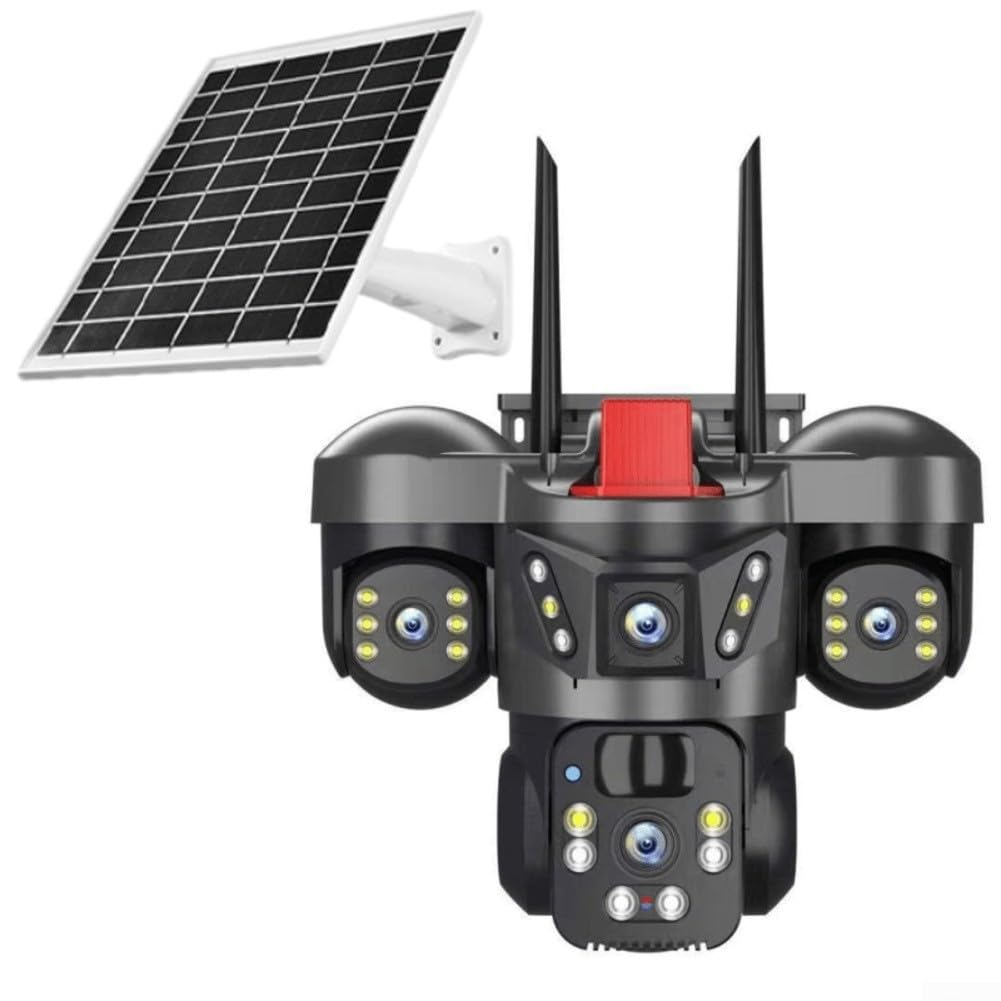 EasyByMall 360°-Funküberwachungskamera, Solar-mit DREI Linsen, 4 K Außen-Überwachungskamera mit doppelter Erkennung, Mensch/Auto/Bewegungserkennung