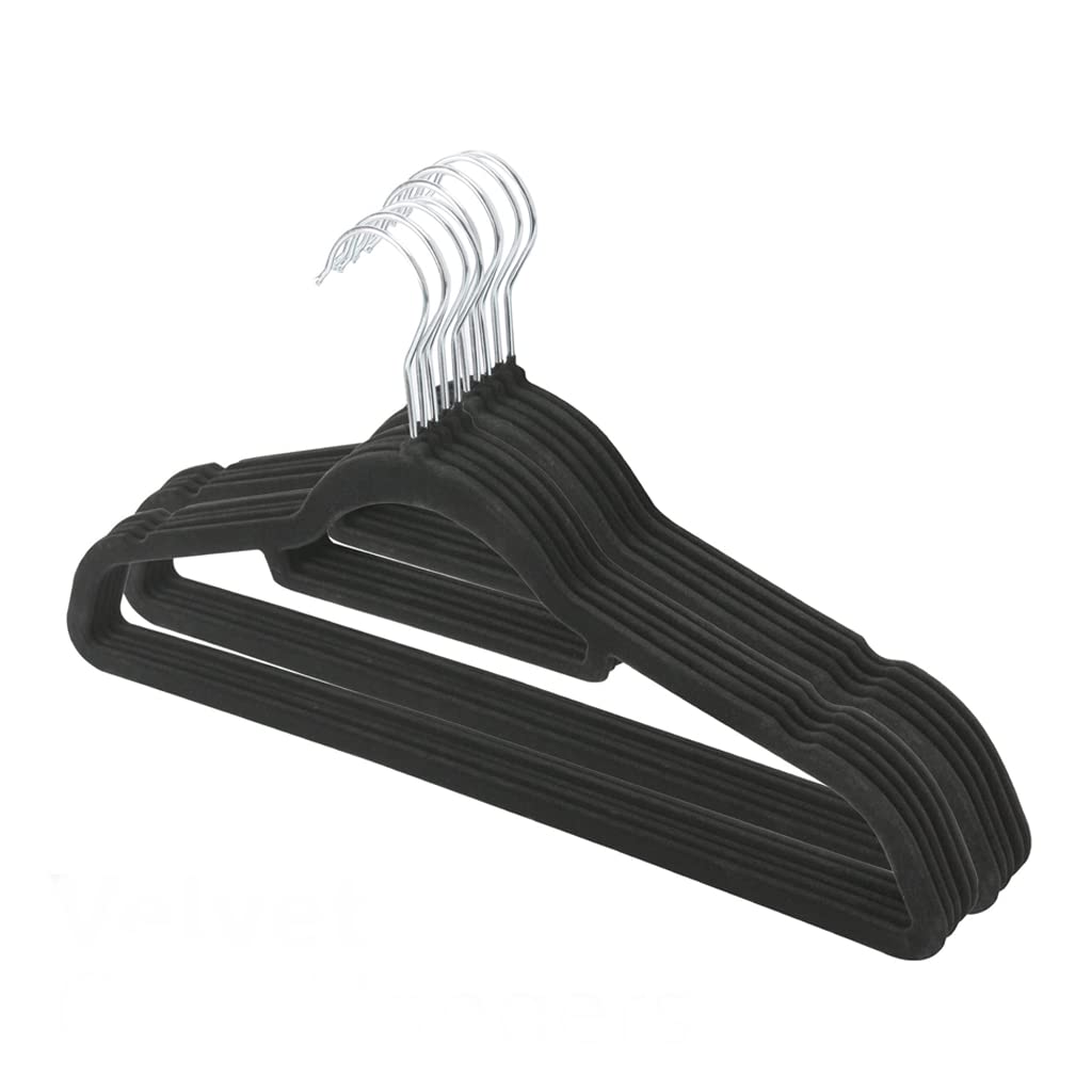 KAV Velvet Coat Hangers – Non-Slip Slim Clothes Hangers For Coats, Dresses, Trousers With 360° Rotating Hook - Space-Saving Design For Wardrobe Organization (Black, 20)