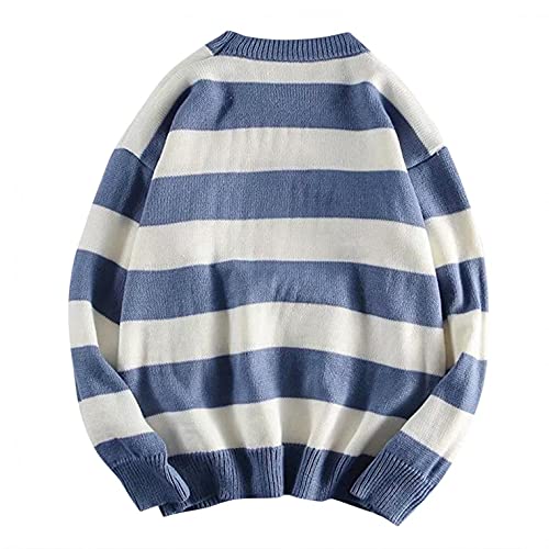 Leiyan Mens Baggy Striped Cable Knitted Sweaters Long Sleeve Color Block Rib Knit Pullover Soft Sweatshirt Jumpers Blue #TOP1