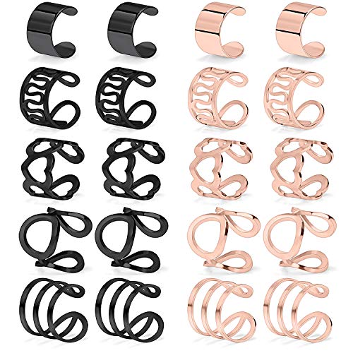 Kridzisw 10 Pairs Stainless Steel Ear Cuff Earrings Non Piercing Clip on Cartilage Halix Wrap Earring for Men Women Black and Rose Gold,10 Various Styles
