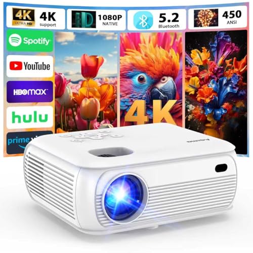 4K Proyector 1080P Nativo 2025 Proyector Portátil con Smart TV OS Apps integradas, 450ANSI Alto Brillo, WiFi 6, Bluetooth 5.2 proyector Compatible con TV Stick/Smartphone/HDMI, Blanco