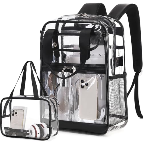 2PCS Clear Backpack for Women Men Girls Boys, Heavy Duty Clear Backpack with Clear Tote Bag for Stadium Events, See Through Backpack, Large Transparent Backpack Clear Bookbag for Concert Work Travel