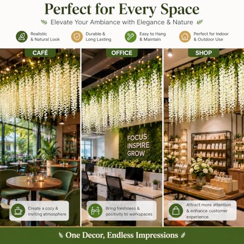 Image of Tia Crafts Polyester Artificial Hanging Flowers For Ceiling Balcony | White Wisteria Vine | Home Party Decor Garden Outdoor Greenery Wall Decoration | Waterproof Washable 3.7Ft /Pack Of 12 (White, 12)