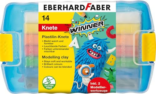EBERHARD FABER 572010 - Plastilin Knete Winner, 14er Kunststoffbox mit 7 leuchtenden Farben und 2 Modellierwerkzeugen