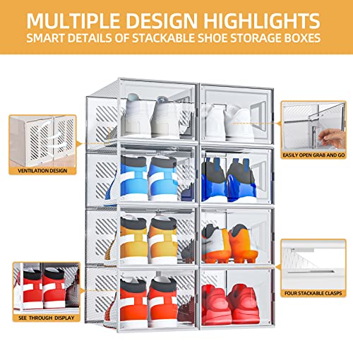 X-Large Shoe Storage Boxes, 8 Pack Shoe Boxes Clear Plastic Stackable, Foldable Shoe Organizer For Closet, Space Saving Shoe Containers With Lid, Sneaker Storage For Sneakerheads, Fit For Men/Women Us Size 13 (14.3"X 9.8"X 7.3")(8 Pack) #TOP5