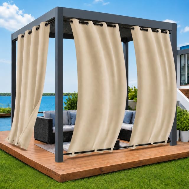 Rosnek 2 Panels Outdoor Curtains Waterproof, Windproof Design Pergola Curtains W 52" x L 96" with Top Grommets,Gazebo Panel Bottom Fixable Thermal Insulated for Garden, Patio, Pergola(Beige)