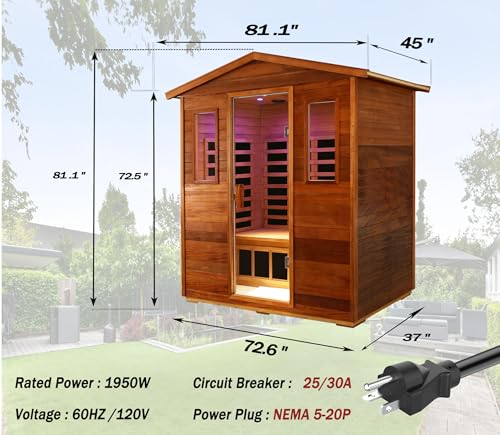Image of LTCCDSS Full Spectrum Ultra-Low EMF Outdoor Sauna 4-Person, Mahogany Far Infrared Saunas for Home, Near&Mid-IR Light, EMF 0.1-4mG, Bluetooth & Chromotherapy