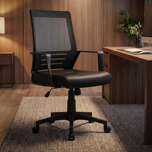 Image of DROGO Lumina Ergonomic Premium Leatherette Office Chair for Work at Home, Computer Chair with Fixed Armrest, Height Adjustable Leather Seat, Rocking, Breathable Mesh & Curve Lumbar Support (Black)
