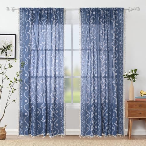 Image of Schweek Navy Blue Tassels Curtains 96 Inches Length 2 Panels for Bedroom | Boho Farmhouse, Linen Floral Vintage Printed Patterned, Western Semi Sheer Curtain Drapes for Living Room,Bedroom 52 inchx 96 inch