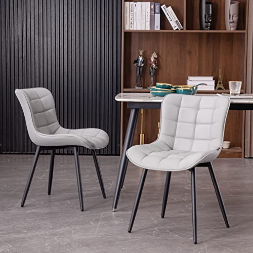 YOUTASTE Grey Dining Chairs Set of 2 PU Faux Leather Upholstered Kitchen Dining Room Chairs Thick Padded High Back Black Metal Legs Bar Stool Living Room Lounge Chair Cover