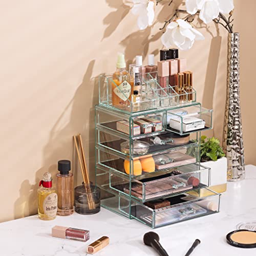 Image of Sorbus Acrylic Makeup Organizer Set, 6-Drawer Vanity & Countertop Cosmetic Storage with Small & Wide Compartments, Teal Thrill Makeup Storage for Brushes, Jewelry - Holiday Gift for Women & Teens