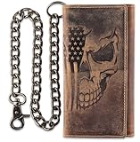 F&L CLASSIC RFID Blocking Mens Tri-fold Long Style Cowhide Leather Steel Chain Wallet,brown flag/skull,212-103