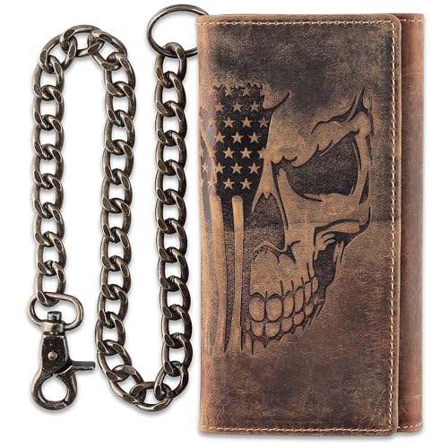 F&L CLASSIC RFID Blocking Mens Tri-fold Long Style Cowhide Leather Steel Chain Wallet,brown flag/skull,212-103
