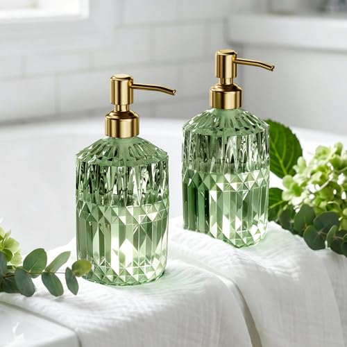 AmazerBath Soap Dispenser, 2 Pack Green Glass Soap Dispenser with Pump Stainless Steel, 14.2OZ Luxury Gold Hand Soap Bottles Bathroom Kitchen by AmazerBath - Used condition - Image 9