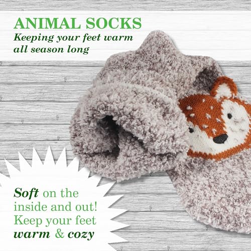 Image of BambooMN Super Soft Warm Cute Animal Face Non-Slip Fuzzy Crew Winter Home Socks, Value Pack