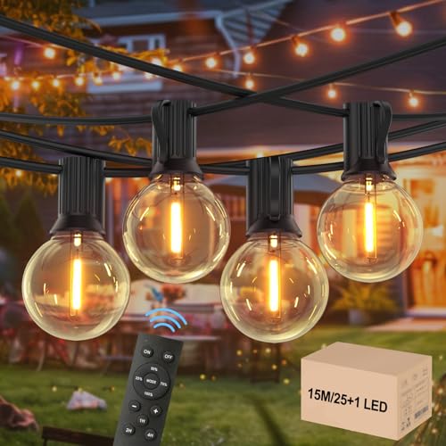 GLOBELIT 15M Lichterkette Außen - IP45 Wasserdicht mit 25+1 G40 Dimmbar Glühbirnen (Warmweiß) 2200K, Gartenbeleuchtung für Terrasse, Hochzeit, Party & Balkon Edison-Style (Fernbedienung-15M)