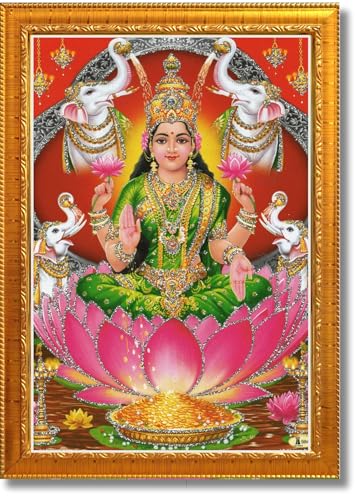 Image of CRAFT QUEST Lakshmi Devi with ganesh ji and saraswati mata Wall Painting Photo Frame for Diwali Pujan (Synthetic, Golden, Sparkle Finish, Small Size, 8 X 6 Inch)
