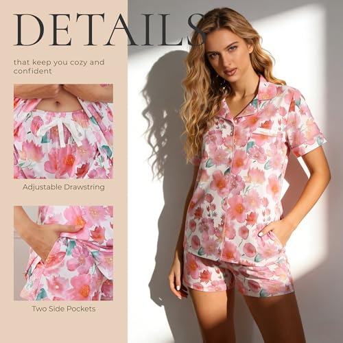 Image of LYCY Womens Pajamas Set Floral Print, Soft Pajamas for Women Shorts Set, Summer Button Down 2 piece Women Pjs