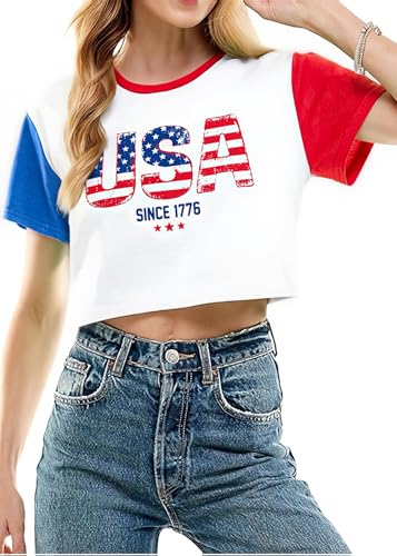 Image of MYHALF Women USA Flag 250th Patriotic 4th July Memorial Day Crop Shirt