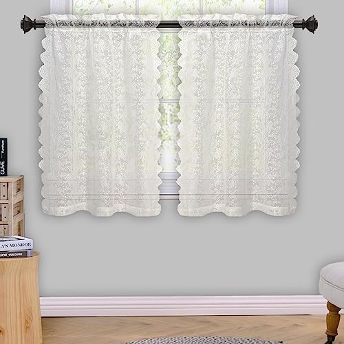 H.ebony 2 Panels Ivory Lace Tier Curtains 36 Inch Length - Vintage Rose Lace Floral Farmhouse For Small Windows, Short Lace Cafe Curtains For Kitchen, W25 X L36 Inch, Beige #TOP11