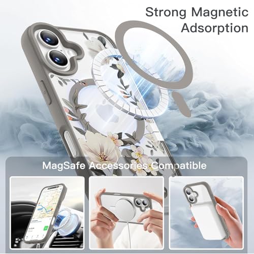 Image of VONZEE Compatible with iPhone 16 Case Luxury Retro Flowers Floral Clear for Magnetic Wireless Charging Case Shockproof Case PC+TPU Cute Glossy Shiny Cover for Girls Women, 6.1'' Grey