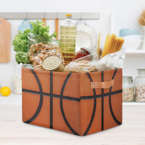Image of Basketball Texture Storage Baskets for Organizing, Fabric Collapsible Storage Bins Box Sport Pattern Decorative Toy Organizer Baskets for Closet Shelves Gift Basket 1 Pc