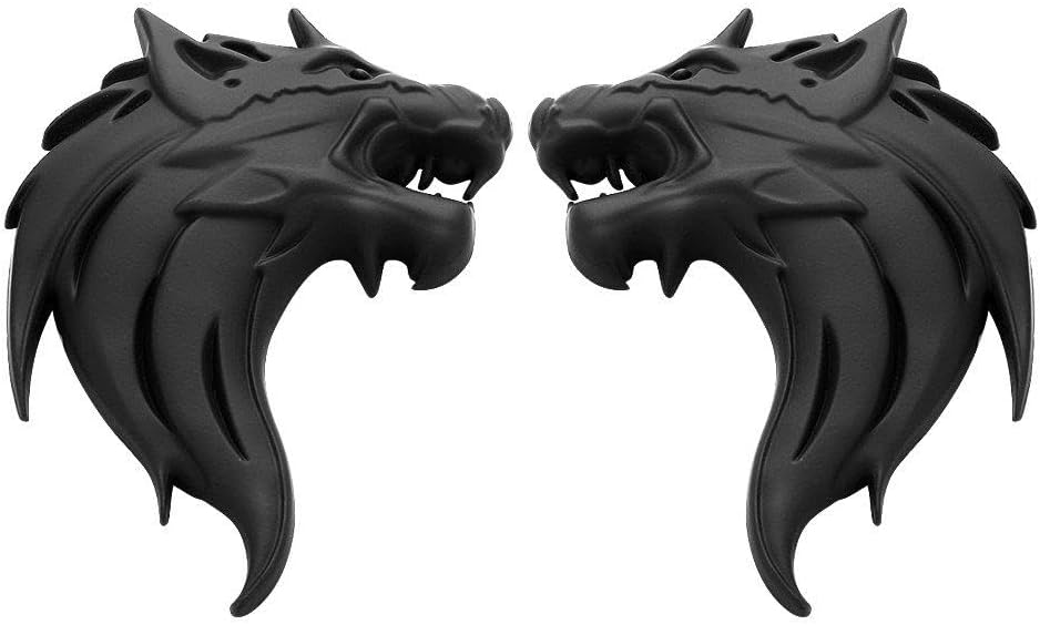 2pcs Cool Wolf Head Car Side/Rear/Front Decorations Badge Emblem 3D Self-Adhesive Nameplate Sticker for Car (Black)