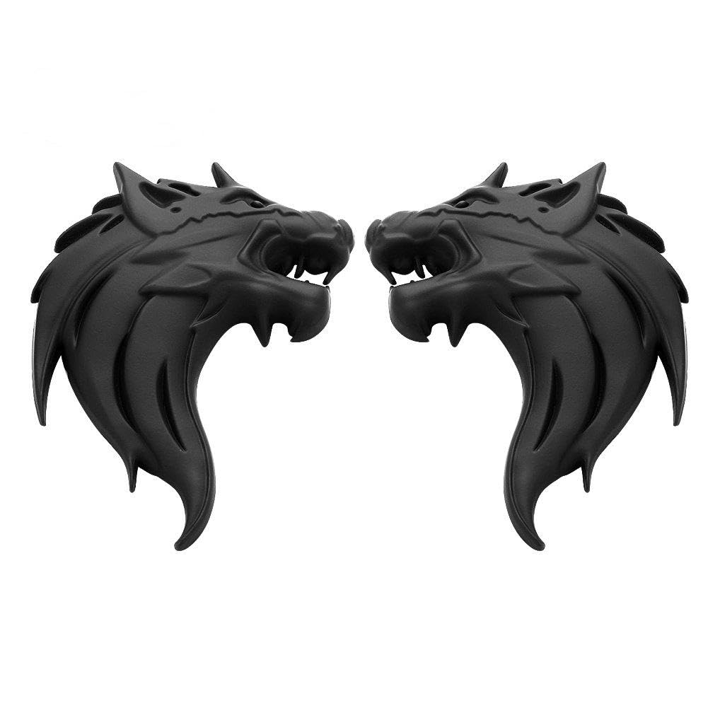 2pcs Cool Wolf Head Car Side/Rear/Front Decorations Badge Emblem 3D Self-Adhesive Nameplate Sticker for Car (Black)