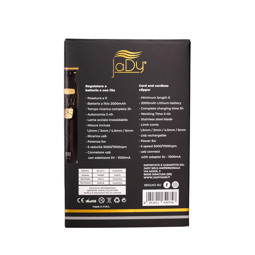 JaDy - Cortapelos Profesional Hombre | Cuchillas Acero Inoxidable | Autonomía 3-4h | Velocidad Ajustable 5000-7000 RPM | Multiusos con Peines Intercambiables, Negro y Dorado