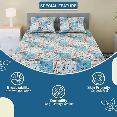 Image of Kuber Industries Cotton 144 TC Double Bedsheet With 2 Pillow Covers | Machine Washable Soft Bedsheet For Living Room, Home & Hotels | Flower Print - Blue & White