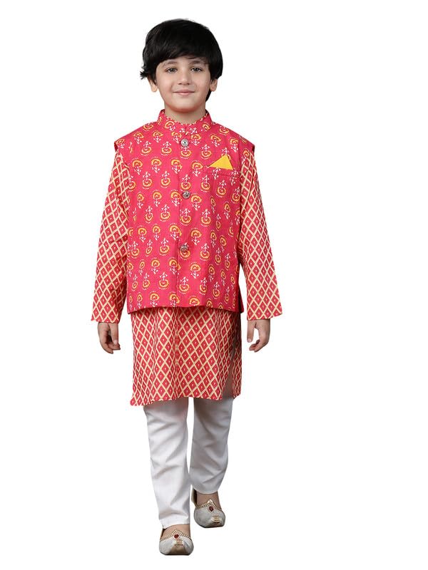 superminis Boys Cotton Printed Full Sleeves Kurta With Ajrakh Printed Jacket and Pyjama Set