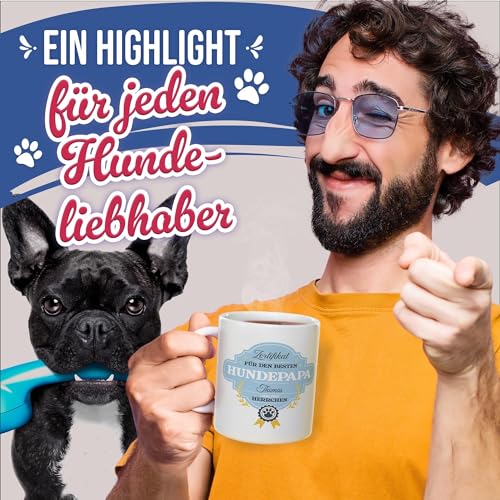 PfotenSchild Hunde-Tasse mit Foto und 2 Namen Zertifikat - Bester Hundepapa - Geschenk für Hundebesitzer zum Geburtstag | Personalisiertes Geschenk, 300 ml
