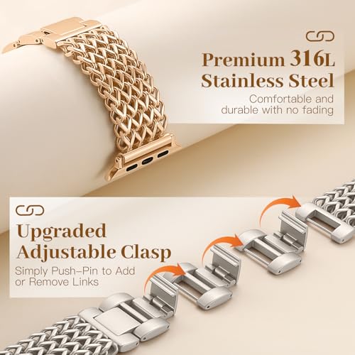 Image of Metal Band Compatible with Apple Watch Bands for Women 40mm 41mm 42mm 38mm 44mm 45mm 46mm 49mm, Dressy Stainless Steel Link Bracelet, Designer Strap for iWatch Series 11 /SE /10 /9 /8 /7 /6 /5 /4 /3 /2 /1 /Ultra