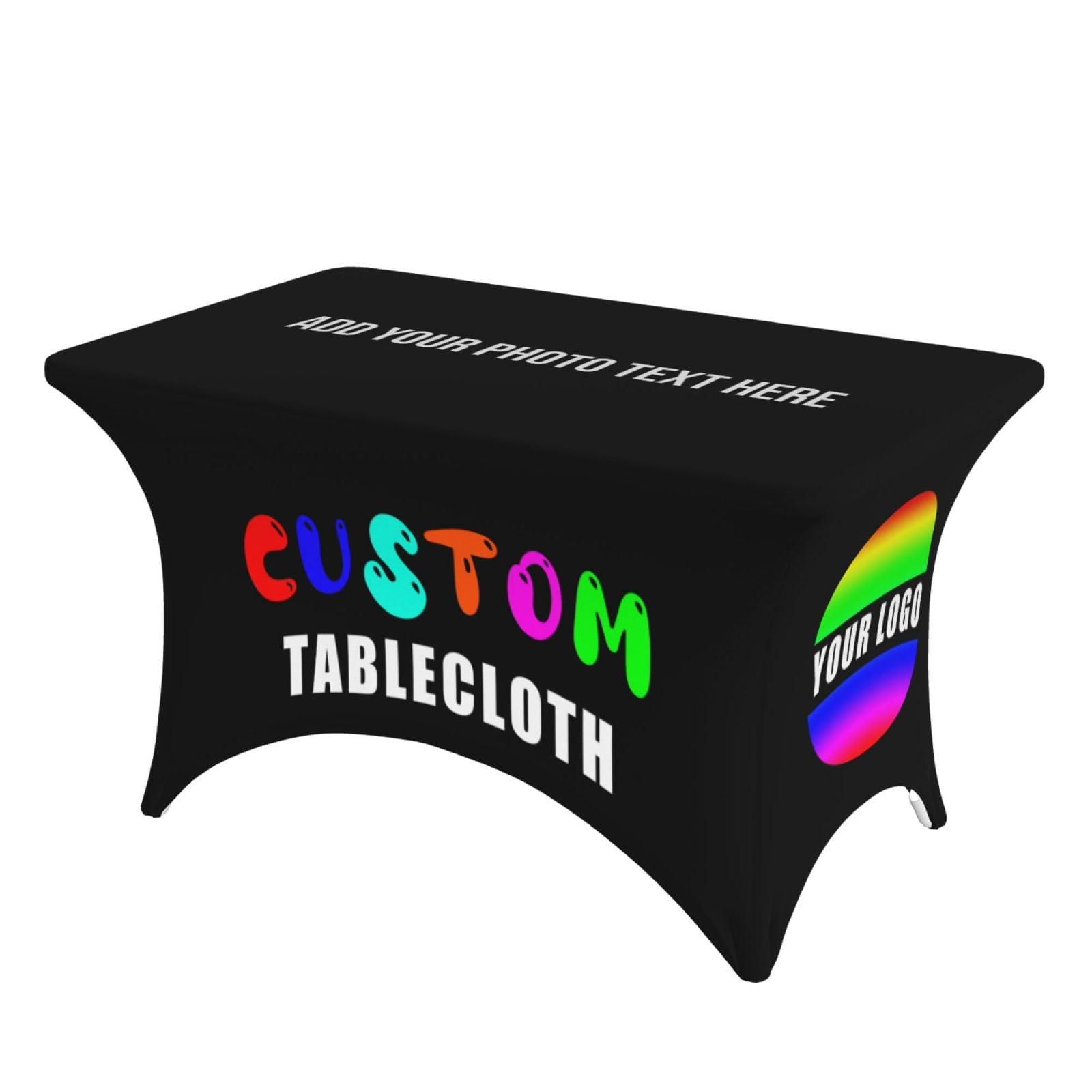 T-SHIRT DESIGN STUDIO-Personalised Spandex Tablecloth with Your Logo or Text-Custom Table Banner Cover For Trade Shows, Business Events (Black - Rectangle Tablecloth Cover, 182.88 x 76.2 cm (6FT))