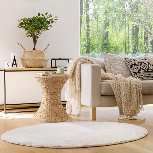 Casafield Hourglass Side Table, Natural Water Hyacinth Round End Table, Boho Woven Wicker Accent for Bedroom, Living Room, Office, Entryway