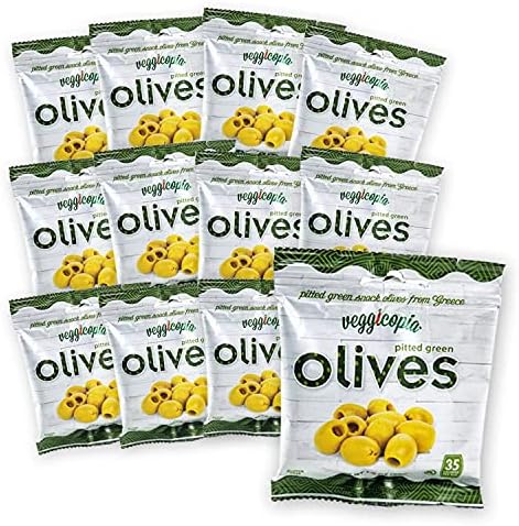 Veggicopia Olives, Keto Tasty Green Pitted Snack Olives from Greece, Whole30 Approved (1oz bags, 12-pack) | Brine-free | Paleo-Friendly | Shelf-Stable
