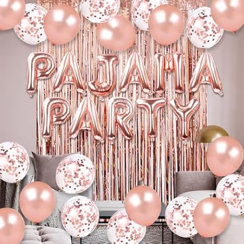 HappyField Rose Gold Theme Party PAJAMA PARTY Balloons Rose Gold Foil Curtain PAJAMA PARTY Banner Pajama Party Supplies Slumber Party Spa Party Balloons Cover