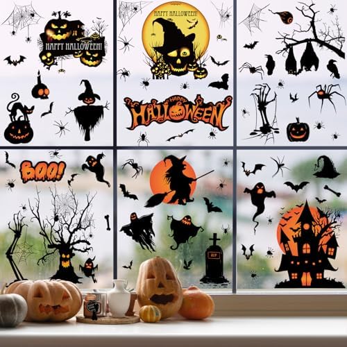 Halloween Window Stickers, 9 Sheets of Pumpkin Head Decals - Removable Double Side Stickers for Party Decorations, 80 PCS Window Clings for Halloween Home Decor