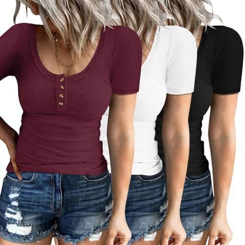 Women's Short Sleeve Tops 3 Pack Ribbed Knit Scoop Neck Button Down Tees Henley Summer Basic Shirts 2025