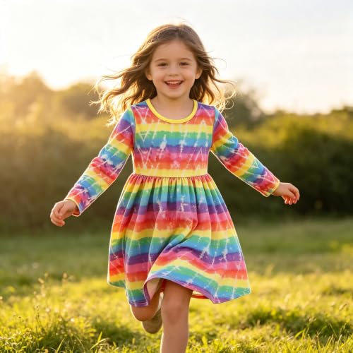 Image of Tkria Toddler Girls Rainbow Dress Striped Fall Dress Cartoon Colourful Long Sleeve Casual Dressy 2-7T