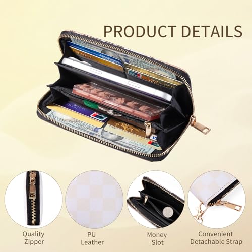 Image of Checkered Cow Print Wallet For Women Skull Goth Frog Butterfly Turtle Ladies Cluth Wristlet Wrist Strap Long Purse Zip Around Card Holder