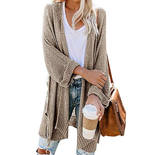 vermers Womens Knit Sweater Casual Loose Solid Color Open Front Long Sleeve Cardigans Tops(S, Khaki)