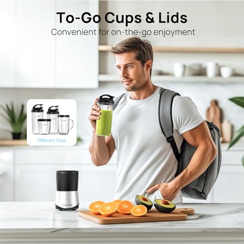 Image of Consciot CB08 16-Piece Blender & Grinder Combo for Kitchen and Personal Size, Blend Shakes and Smoothies, Frozen Drinks, Baby Food, Spreads & More, 4 BPA-Free Portable To-Go Cups, 900 Peak Watts