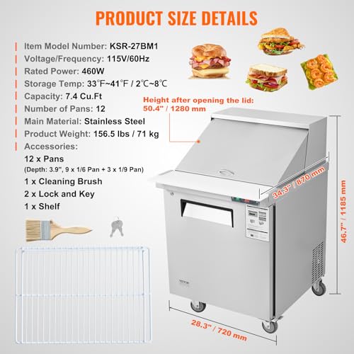 Image of VEVOR 28 inch Commercial Refrigerator, 12 Pans Sandwich & Salad Prep Table, 7.4 Cu. Ft Stainless Steel Refrigerated Food Prep Station, Frost Free Mega Top Refrigerator for Restaurant, Food Truck, Bar