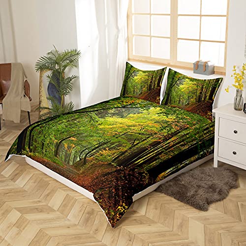 Forest Bedding Set King Size Autumn Forest Comforter Cover Trees Foggy Print Duvet Cover Set including 2 Pillowcases Soft Microfiber Zipper Decorative Woodland Scene Quilt Cover 3 Piece Lightweight - Image 2