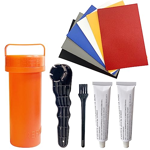 GOCUODE Kajak Aufblasbar Reparatur Kit Mit PVC-Patches Professionellem Schraubenschlüssel Kleber und Aufbewahrungseimer Paddelbrett-Reparatursatz für Kajakboot-Floß-Surfbrett (11 Stück)